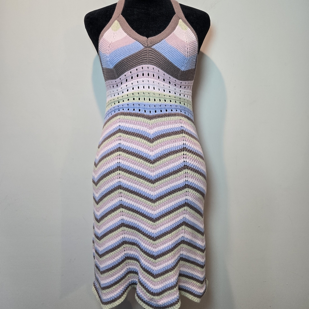 Boho Crochet Dress Women's Knit Tie Neck Mermaid Pastel Mini Summer Medium
